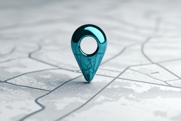 A modern map pin icon placed on a detailed geographical map shows location tracking.