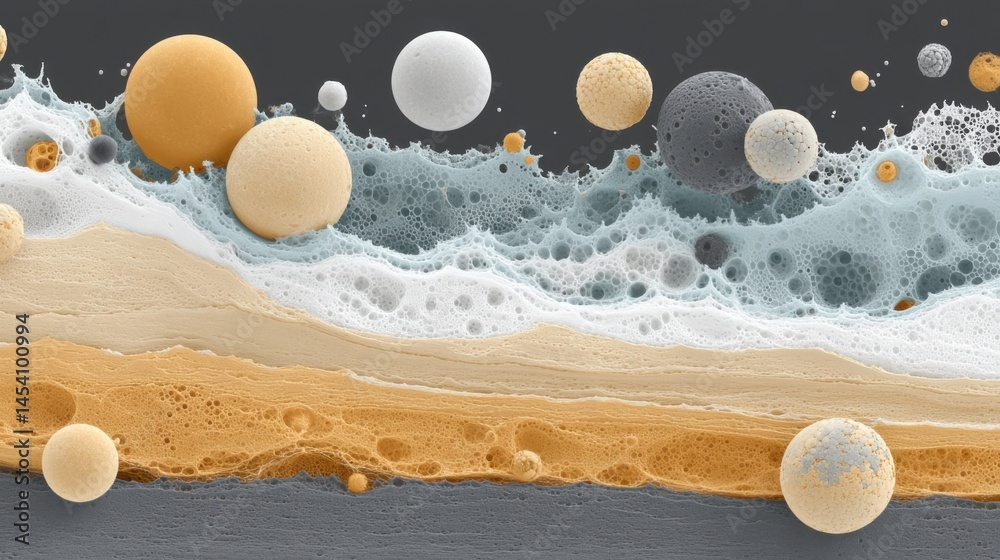 Poster abstract illustration of foam, bubbles and spheres in a colorful and layered design