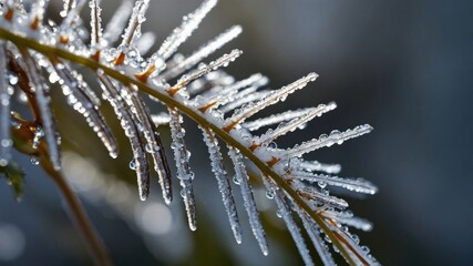 Frozen Douglas Fir Branch with Ice Crystals and Water Droplets, Close-up Nature Scene with Cool Blue Tones for Winter Holiday