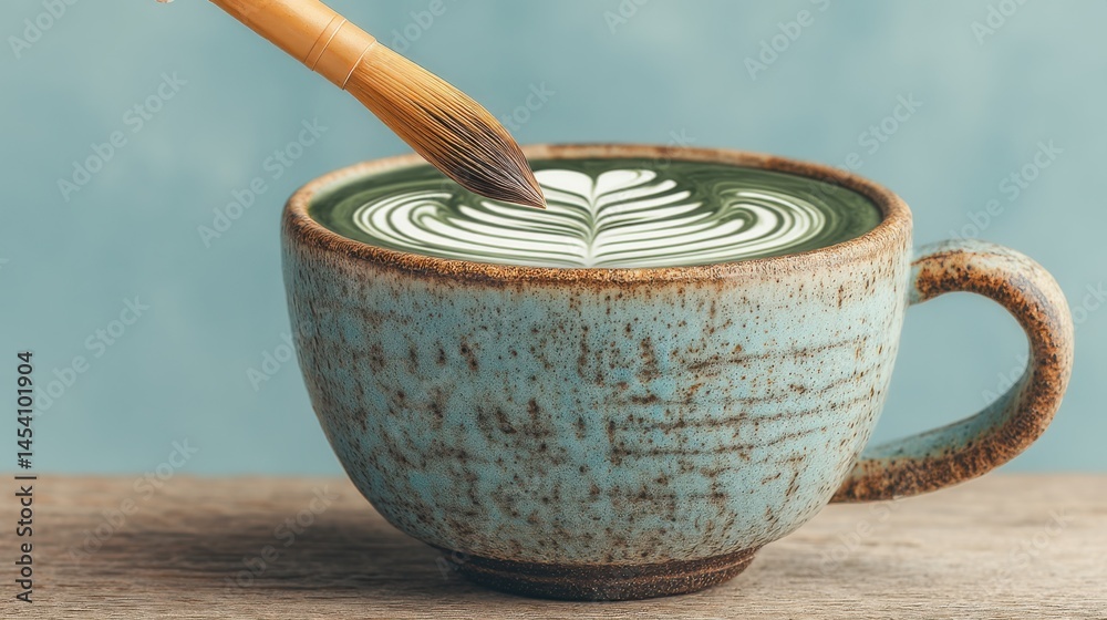 Poster artistic matcha latte with beautiful foam art in a rustic ceramic mug