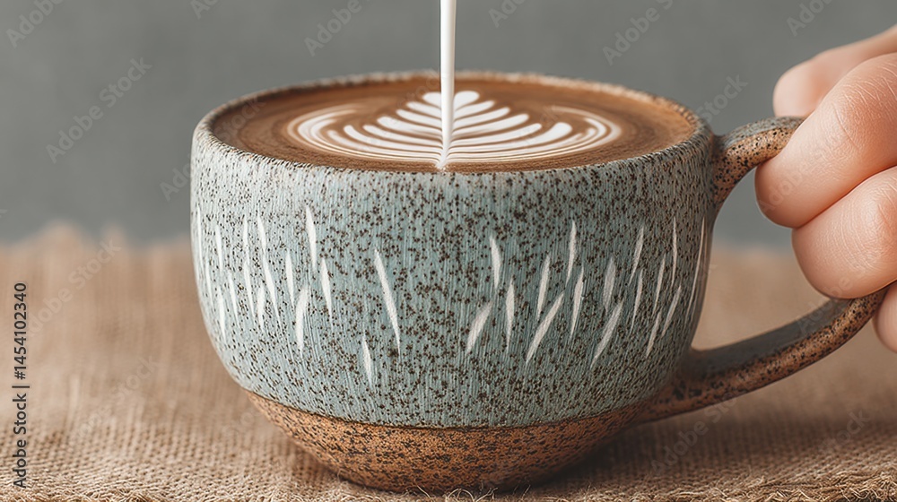 Poster beautiful latte art being poured into a rustic ceramic mug on a burlap cloth.