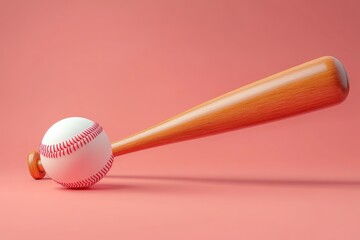 Wooden baseball bat positioned near a baseball on a pink surface.