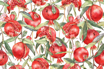 Watercolor Seamless pattern. Red pomegranate, green foliage, branch, seeds. Garden botanical print. Hand drawn illustration on white background. For wrapping paper, wallpaper, fabric, food products.