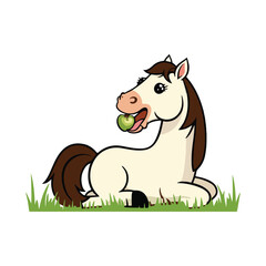 A cute, cartoon-style horse sitting down in some green grass. It has a light cream-colored body, a dark brown mane and tail, and black hooves.