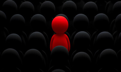 Obraz premium Red figure stands out. Contrasting color. Dark background. 3D. Sphere head. In crowd. Unique. Different. Stand out. Be seen
