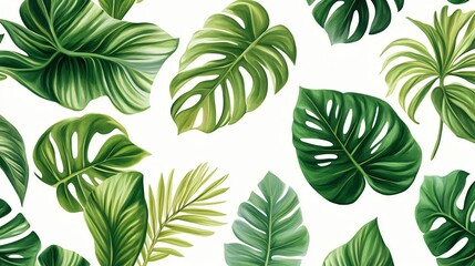 Fototapeta premium Digital illustration of lush, green tropical leaves arranged in a seamless pattern on a white background.