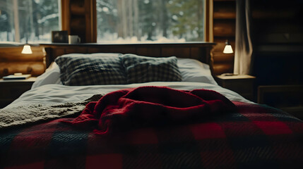 Cozy winter retreat: A rustic cabin bedroom with plaid bedding and snowy views