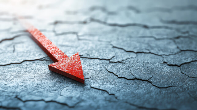 A red arrow pointing downwards on a cracked surface, symbolizing decline or loss.