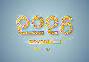 Progress bar with golden particles on white Download New Year's Eve. Loading animation screen with Glitter confetti shows almost reaching 2026. Creative festive banner with shiny progress bar.