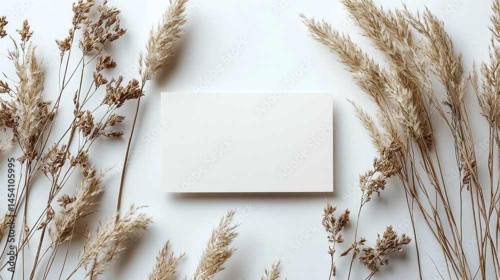 Poster savory, dry grasses are arranged around a blank card resting on a smooth light surface. this composi