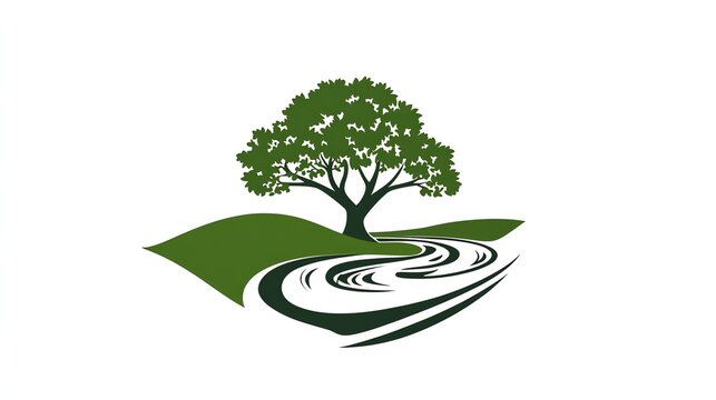 Digital illustration of a tree with roots beside a flowing stream and rolling hills.