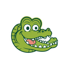 A cartoon crocodile head with bright green skin, large round eyes, and a wide open mouth showing sharp white teeth and a pink tongue is smiling.