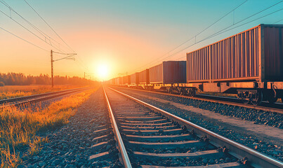 Obraz premium Sunrise on railway tracks leading into the distance with shipping containers during golden hour