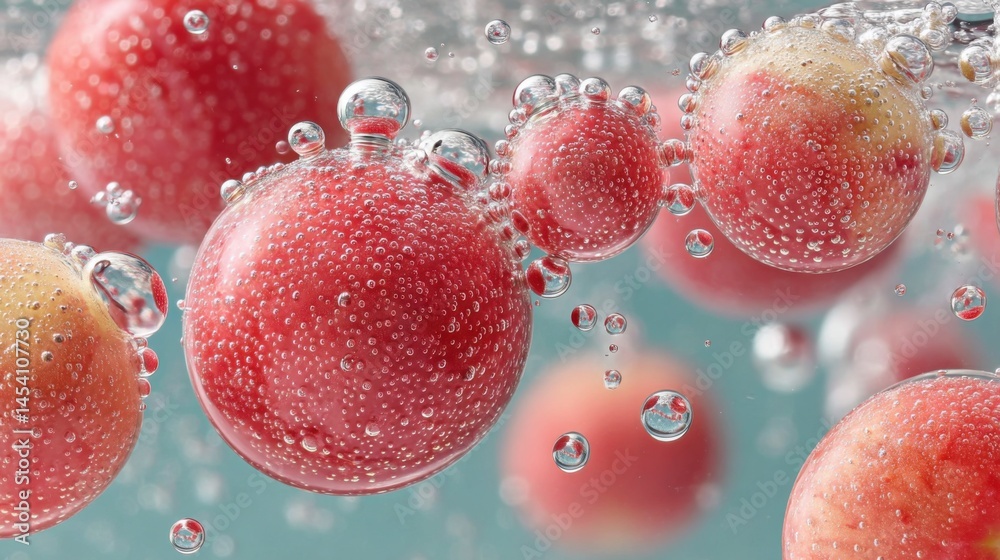 Poster Close-up of red plums submerged in sparkling water with bubbles and reflections
