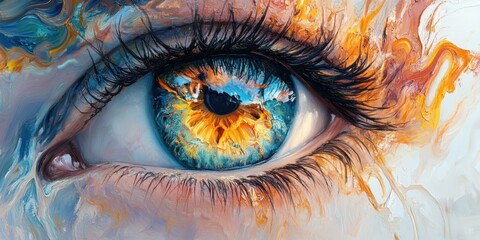 Close-up of a vibrant eye, reflecting a universe of colors