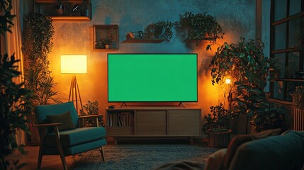 Modern living room with TV and green screen plant
