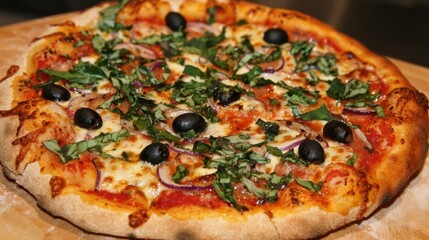 The image is of a freshly baked pizza on a wooden cutting board. the pizza is round and has a golden brown crust.
