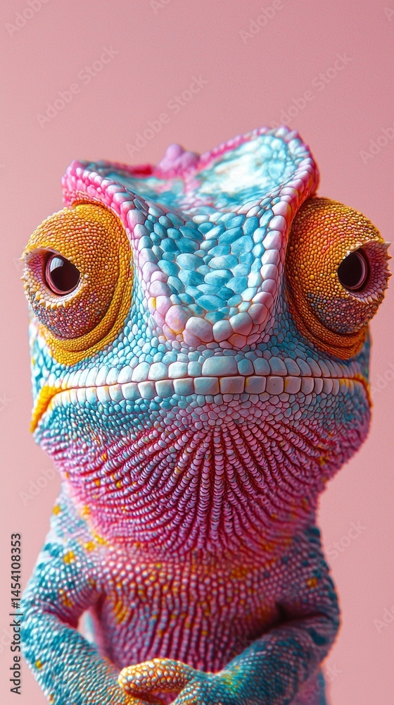 Poster a striking chameleon with bright blue, orange, and pink scales is centrally positioned against a pas