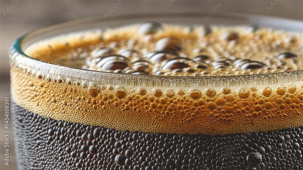 Poster close-up view of a refreshing fizzy dark beverage in a glass, macro shot