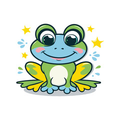 A cheerful cartoon frog with green and yellow skin, a light blue face, big black eyes, and rosy cheeks is sitting with yellow stars and blue water droplets around it.
