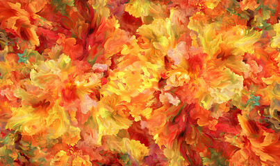 Vibrant swirls of orange, yellow, and red create an abstract floral texture. Thick brushstrokes suggest depth and movement