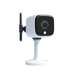 Modern security camera with wireless antenna mounted on a white stand for indoor or outdoor surveillance and remote monitoring technology on transparent background