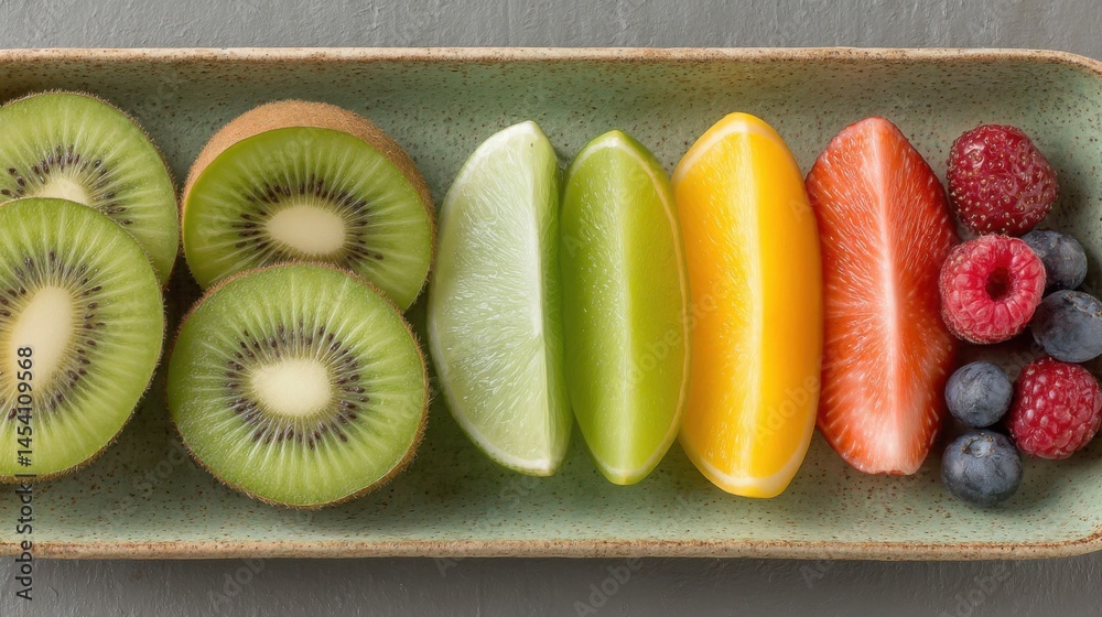 Poster colorful and fresh arrangement of assorted fruits on a rectangular plate.