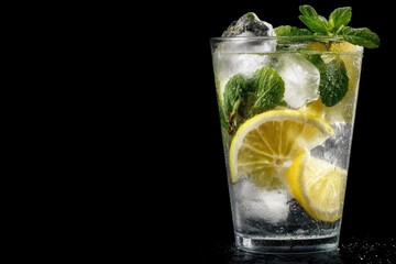 A side-view composition of an ice-filled glass tumbler with lemonade accented with fresh mint and an artistic soft-focus glow, transparent background