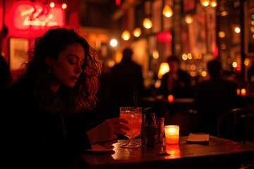 Moody interior with a woman, drinks, and soft lighting