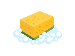 Yellow sponge in soapy foam isolated on white background. Vector cartoon flat illustration. 