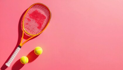 Tennis racket & balls on pink background, casting a sharp shadow. Flat lay, top-down view