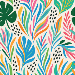 Vibrant seamless pattern featuring stylized leaves and abstract shapes in bright pink, orange, yellow, green, teal, and blue with black dots on a light background. Modern, colorful, energetic design