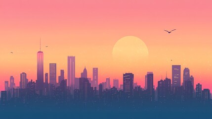 Fototapeta premium Digital illustration of a vibrant city skyline at sunset with a radiant sun and scattered birds.