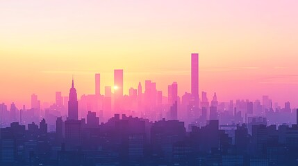 Fototapeta premium Digital illustration of a silhouetted cityscape under a vibrant sunrise gradient.