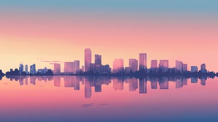 Fototapeta premium Digital illustration showcases a city skyline reflected in a calm, pastel-colored water surface.