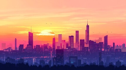 Fototapeta premium Digital illustration of a vibrant cityscape silhouetted against a radiant sunset with scattered birds.