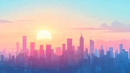 Fototapeta premium Digital illustration of a vibrant cityscape at sunset, showcasing a radiant sun and towering skyscrapers.