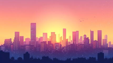 Fototapeta premium Digital illustration of a cityscape at sunset with towering silhouettes and a bright, gradient sky.