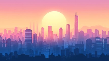 Obraz premium Digital illustration of a cityscape at sunset with a radiant sun and towering buildings.