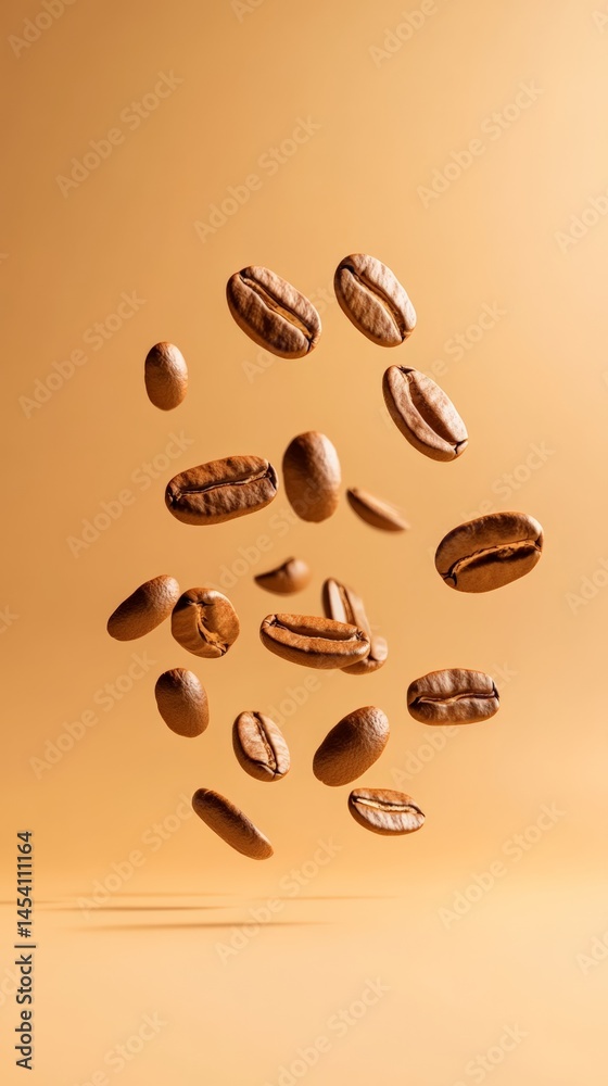 Poster roasted coffee beans are levitating on a warm background, creating a visually appealing scene that e
