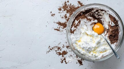 Glass mixing bowl filled with a mixture of ingredients. the mixture appears to be a chocolate cake batter, with a layer of whipped cream and an egg yolk on top.