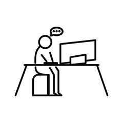 Fototapeta premium Executive working in front of a computer at office workplace. Stickman figure icon silhouette pictogram.