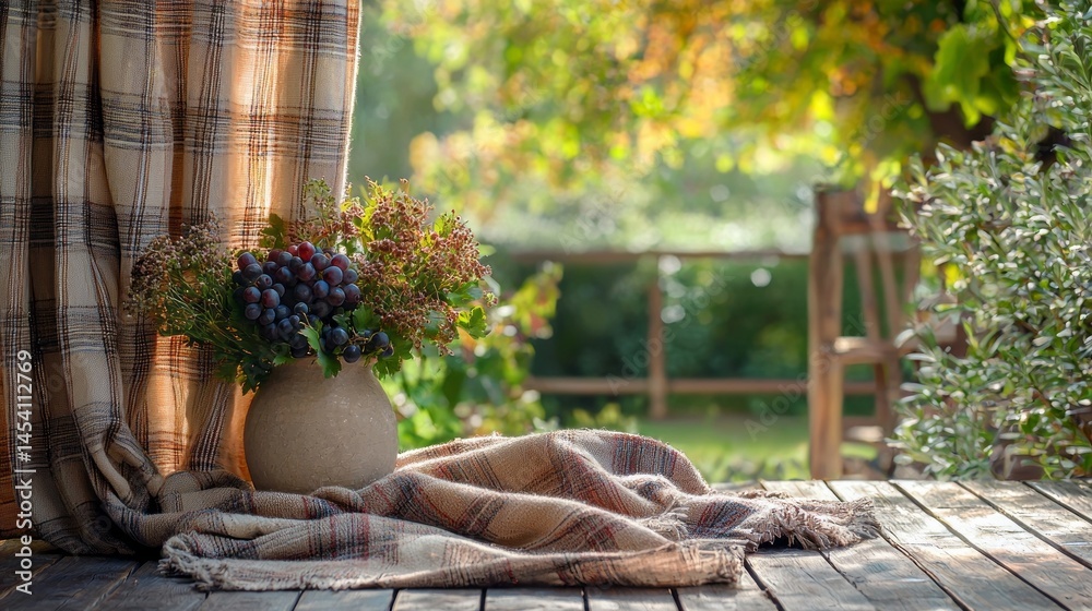 Aufkleber sunlight filters through the trees, illuminating a rustic table adorned with a vase filled with fres