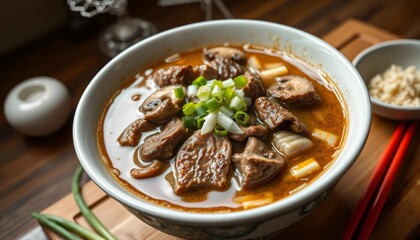 Steaming bowl of beef udon soup with mushrooms & green onions, broth, beef udon