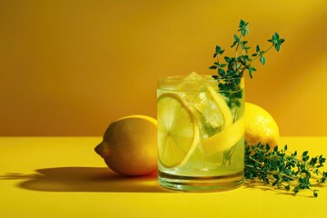 A vibrant lemonade composition with stylized lemon peel accents thyme sprigs elegantly positioned and soft ambient lighting, transparent background