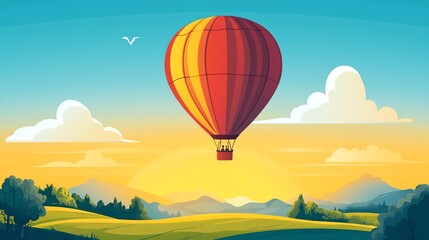 Obraz premium Digital illustration of a red hot air balloon soaring over a green landscape with mountains and clouds.