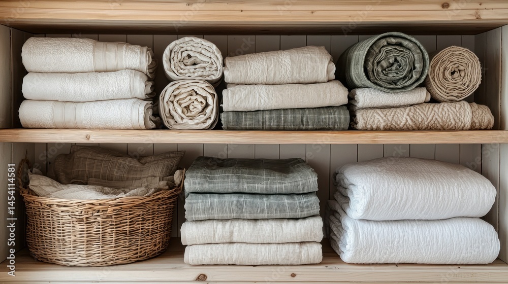 Poster neatly folded textiles in various shades of cream and gray are organized on wooden shelves, creating