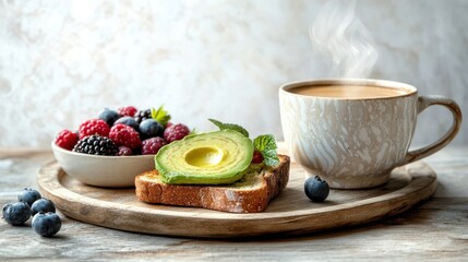 Rustic breakfast with avocado toast, coffee, and berries