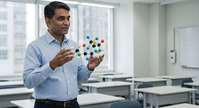 A professor in a classroom uses a molecular model to teach students about chemistry, engaging them with a hands-on approach.