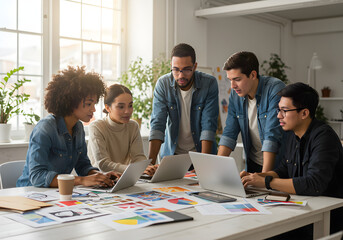 A diverse group of designers working together on laptops in a modern office, brainstorming and sharing ideas.